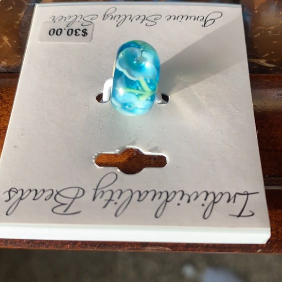 NWT aqua blue with white flowers sterling silver Individuality Bead - Picture 4 of 4